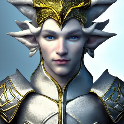 Image similar to handsome male snow elf in silver ornate armour, albino skin, elden ring, realistic, dnd character portrait, full body, dnd, rpg, lotr game design fanart by concept art, behance hd, artstation, deviantart, global illumination radiating a glowing aura global illumination ray tracing hdr render in unreal engine 5