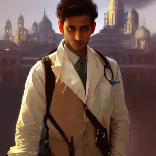 Image similar to Anxious good looking pale young Indian doctors wearing American clothes at the airport, portrait, elegant, intricate, digital painting, artstation, concept art, smooth, sharp focus, illustration, art by artgerm and greg rutkowski and alphonse mucha