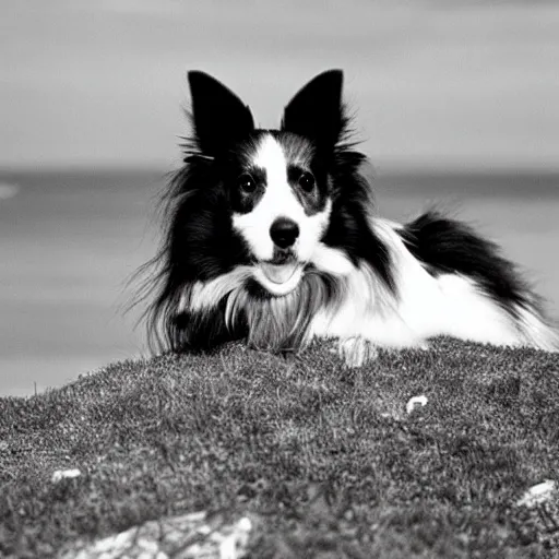 Image similar to a black and white colored Sheltie on a bluff on Isle of Slye. Illustration