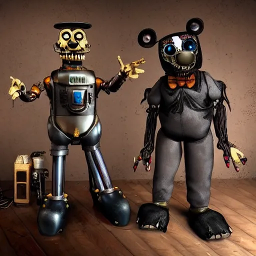 Image similar to steampunk animatronic, five nights at freddys, detailed, scary