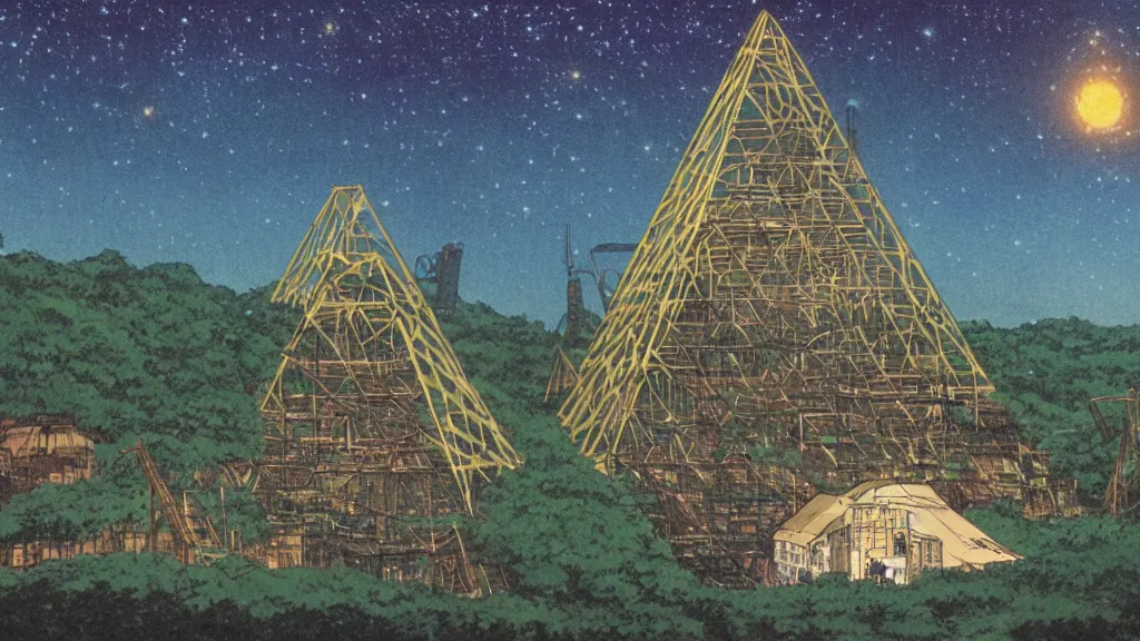 Image similar to a movie still from a studio ghibli film showing an industrial mining runoff storage facility, and a pyramid under construction, in the rainforest on a misty and starry night. by studio ghibli