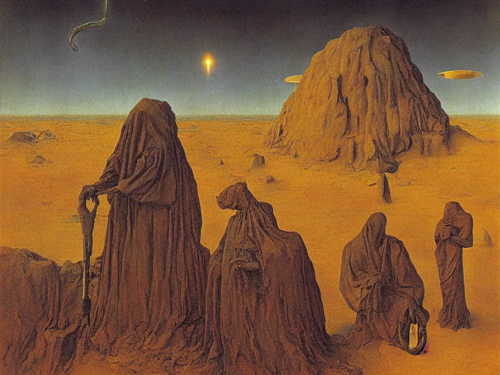 Image similar to It rains with the seed of the faithful. The holy glowing rock of transhumanism in the lithium desert. Portrait of the lotus-eater. Painting by Jan van Eyck, Rene Magritte, Jean Delville, Max Ernst, Beksinski