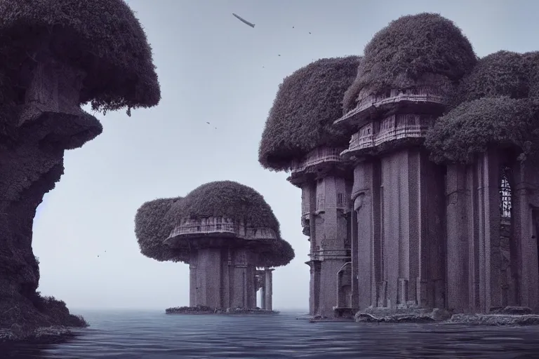 Prompt: photography of a beautiful archipelago of never seen before stunning ancient indian temple and palaces. complex intricate pilars patern, runes. trees water and flowers. afternoon light inspiring science fiction, intricate, elegant, uplifting, inspirational, highly detailed by beksinski and simon stalenhag