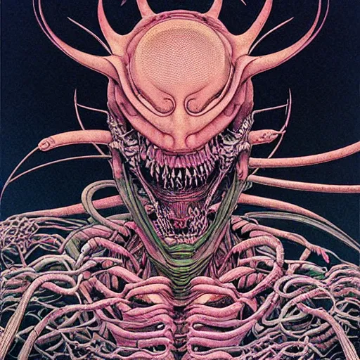 Prompt: a simple concept art portrait of a predatory alien species, an award winning yoshitaka amano digital art, by, james gurney and gerhard richter. art by takato yamamoto. masterpiece, deep colours.