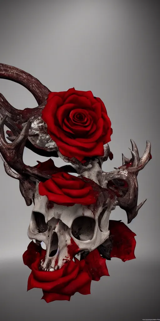 Prompt: blood dipping from a rose and growing out of a deer skull, unreal engine, realistic lighting, 4k, hyper realism