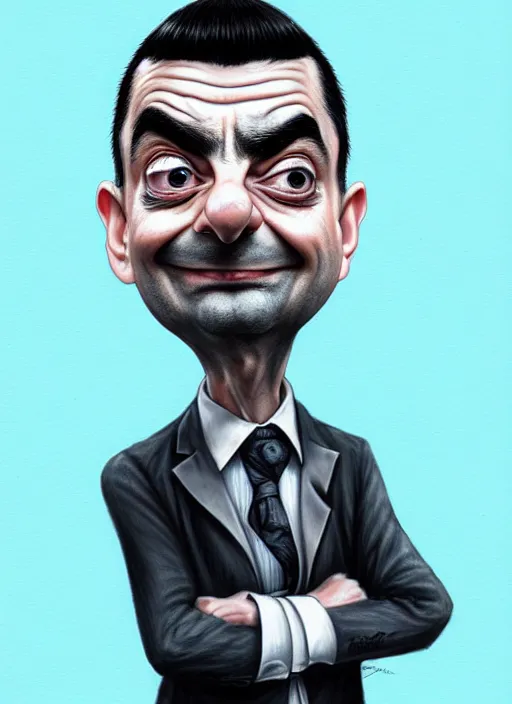 Image similar to highly detailed pencil sketch caricature portrait of mr bean gangster by ross tran, by greg rutkowski, brush strokes, 4 k resolution, light blue pastel background