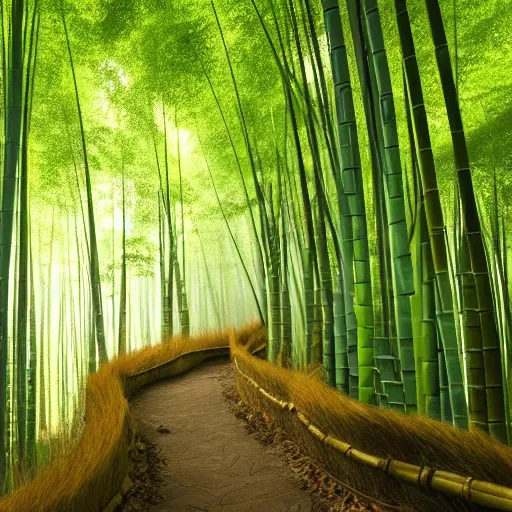 Prompt: round stone path in bamboo forest, dense fog