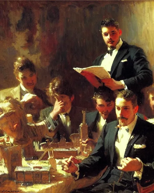 Image similar to an attractive man reciting poetry to a room full of businessmen, painting by gaston bussiere, craig mullins, j. c. leyendecker