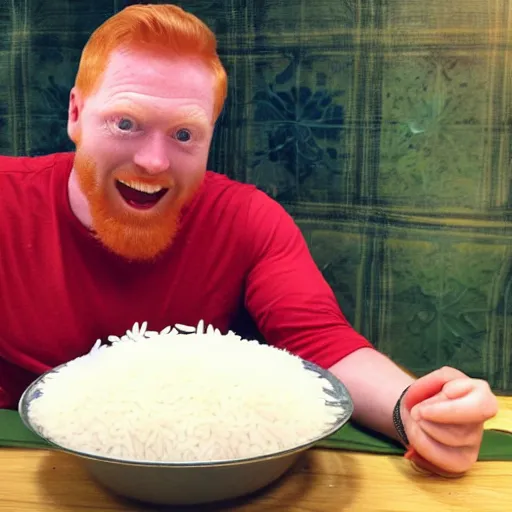 Prompt: Ginger man having the time of his life with a bowl of rice