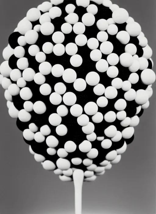 Image similar to realistic object photo of ping pong balls sculpture with molecule made of eyeballs, black cloud made of caviar, readymade, dadaism, fluxus, man ray 1 9 9 0, life magazine photo