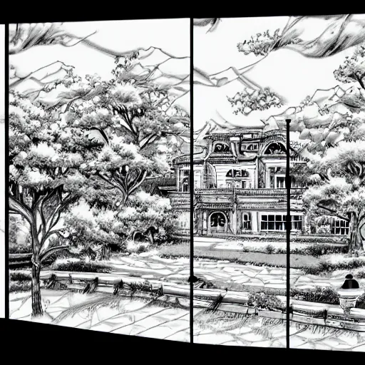 Prompt: a manga panel of a mansion inside a forest