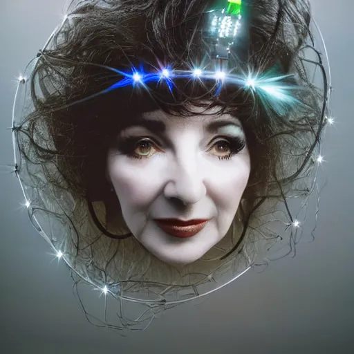 Image similar to beautiful Fine art photo portrait of enraptured Kate Bush as a solarpunk robotic goddess, white mechanical parts with led lights, photorealistic, centered, highly detailed and intricate, sun lighting, 8k