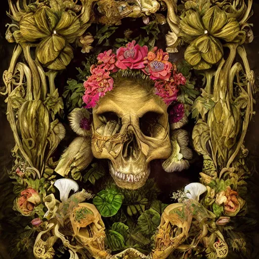 Image similar to a beautiful detailed rococo photo of a rotten woman corpse becoming almost a skull with face muscles, veins, arteries, fractal plants and fractal flowers and mushrooms growing around, intricate, ornate, volumetric light, beautiful lit, beetlejuice