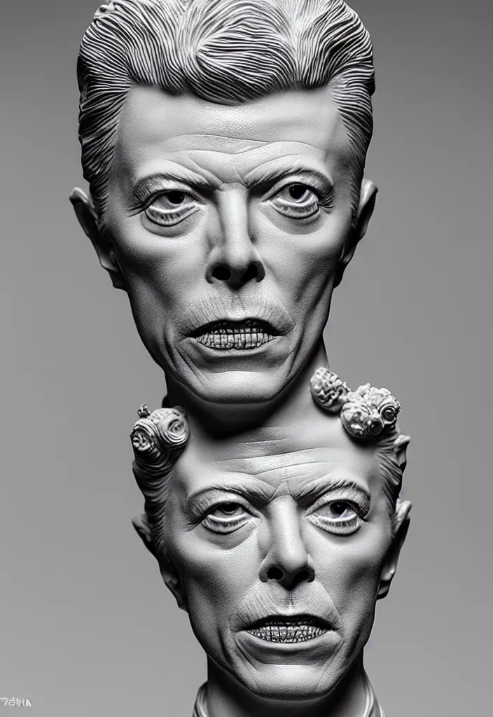 Image similar to David Bowie , A Close up photo-real delicate ceramic porcelain sculpture of a symmetrical ornate detailed in front of an intricate background by Victo Ngai and takato yamamoto, micro detail, backlit lighting, face in focus, subsurface scattering, translucent, thin porcelain, octane renderer, colorful, physically based rendering, japanese pottery, trending on cgsociety