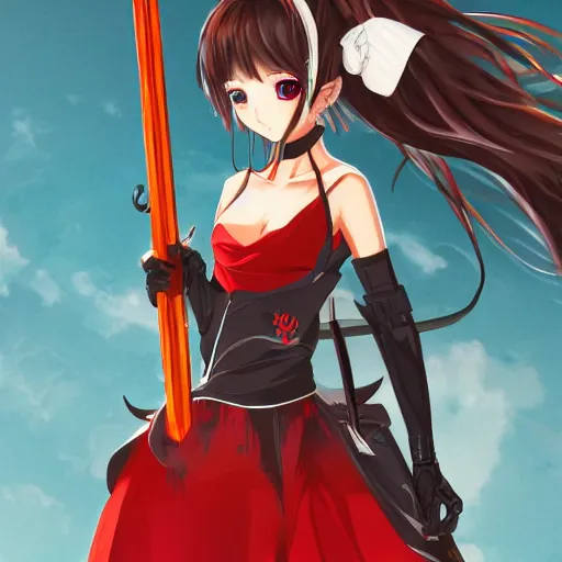 Prompt: An anime illustration of a girl wearing a red dress and wielding a large scythe, hyper detailed, concept art, character design