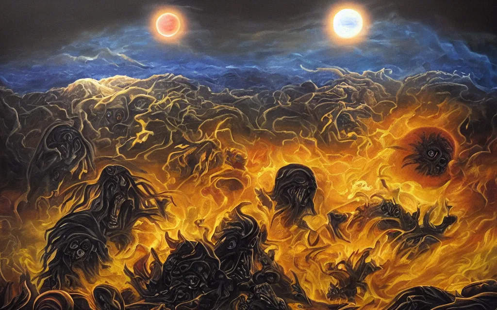 Prompt: black dead sun howling nightmare mythos dread sun of the void above the tomb wastes, award winning oil painting, dream mythos color palette