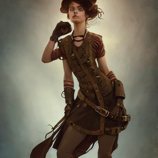 Prompt: Little girl in steampunk clothes, whole body, wears brown boots, olive skin, brown dark hair, beautiful bone structure, intricate, elegant, highly detailed, digital painting, artstation, concept art, smooth, sharp focus, illustration, art by artgerm and greg rutkowski and alphonse mucha