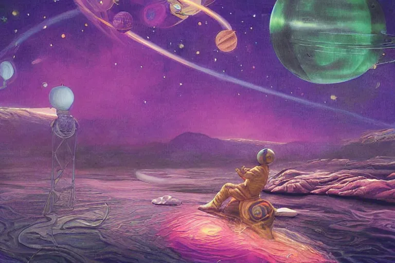 Prompt: surreal painting by chesley bonestelll!!, 1 2 an astronaut sitting near a river + psychedelic vegetation + purple, pink, blue + planets and stars + mystic fog, 5 0's vintage sci - fi style, rule of third!!!!, line art, 8 k, super detailed, high quality