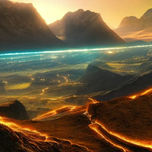 Image similar to huge valley, extreme drama, distant glow, hdr, movie still, fully photorealistic, artstation, beautiful concept art, sharp luminescent focus, nd 6, sony fx 6, glowing luminescent invocations