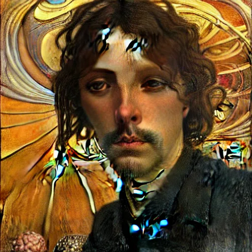 Image similar to realistic .extremely. detailed. portrait painting of an average man by Jean Delville, Amano, Yves Tanguy, Alphonse Mucha, Ernst Haeckel, Edward Robert Hughes, Roger Dean, moody colors, gold eyes