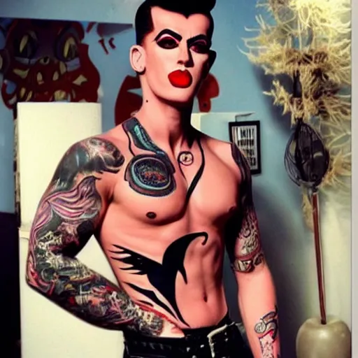 Image similar to handsome rockabilly monster, gorgeous rockabilly monster, attractive rockabilly monster, cute rockabilly monster, muscular rockabilly monster