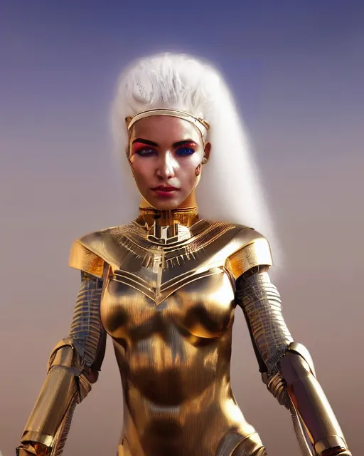 Image similar to girl in egypt, egyptian cyborg armor, white hair, scifi, futuristic, atmosphere, gold, detailed, intricate, desert, beautiful face, advanced technology, trending on artstation, blue eyes, 4 k, focused, extreme details, cinematic, masterpiece, by akihito tsukushi