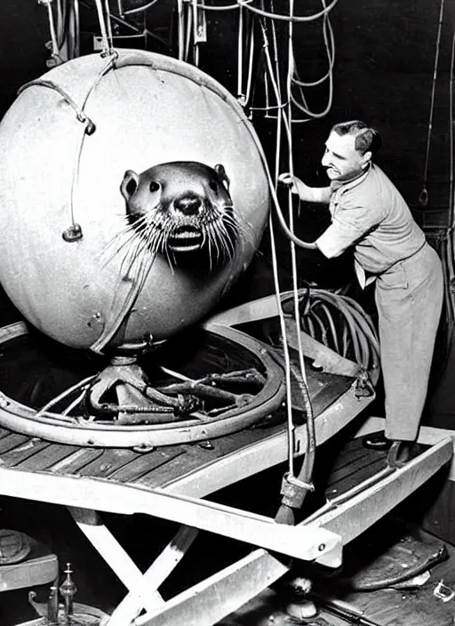 Prompt: an otter repairing a bathysphere, vintage photograph