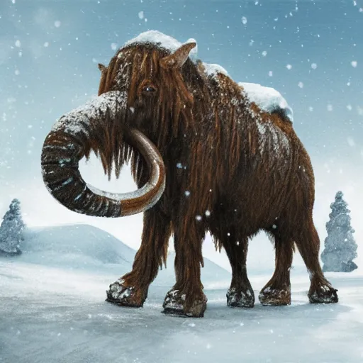 Image similar to A small gnome riding a Mammoth in a snowy landscape, photorealistic