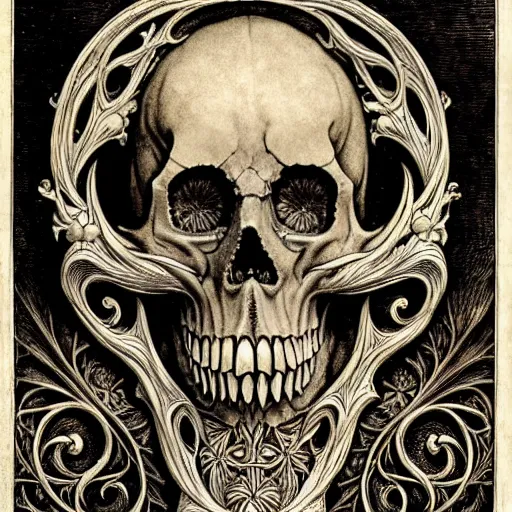 Image similar to memento mori by arthur rackham, art forms of nature by ernst haeckel, exquisitely detailed, art nouveau, gothic, ornately carved beautiful skull mask dominant, intricately carved ornamental antique bone, art nouveau botanicals, art forms of nature by ernst haeckel, horizontal symmetry, symbolist, visionary