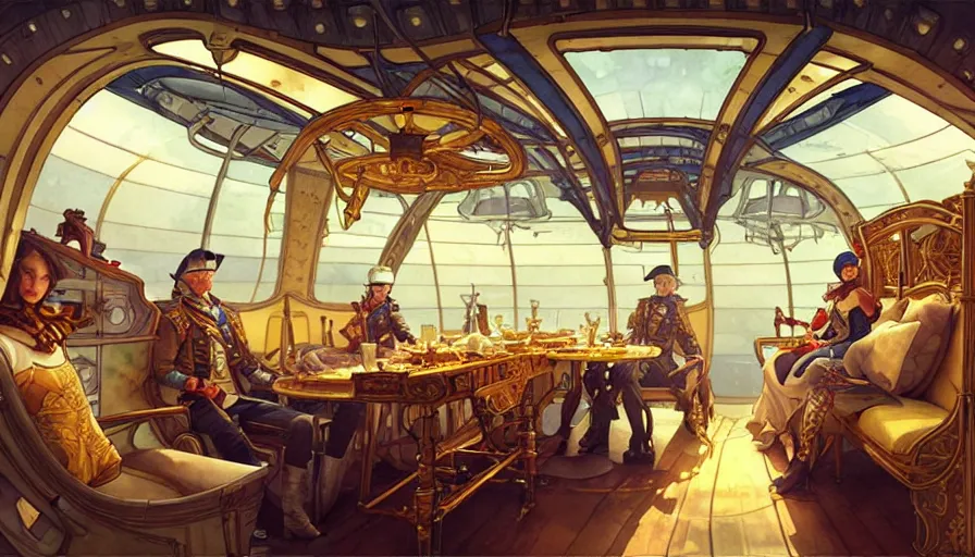 Image similar to airship interior with seats and a dinner table, french baroque, napoleonic, dieselpunk science fiction, steampunk, sharp, concept art watercolor illustration by mandy jurgens and alphonse mucha, dynamic lighting