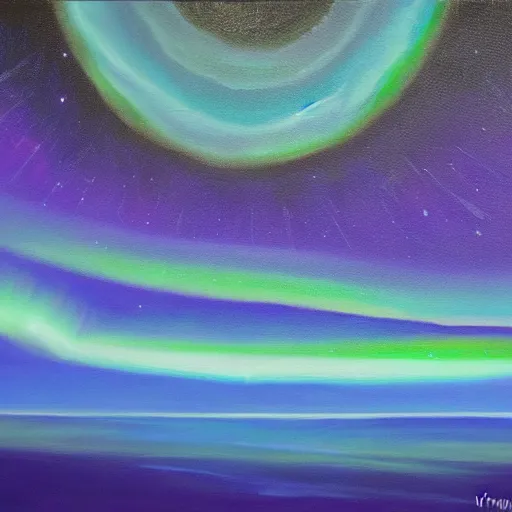 Image similar to a painting of the aurora borealis in the night sky, an oil on canvas painting by Nína Tryggvadóttir, deviantart, metaphysical painting, bioluminescence, nightscape, sense of awe