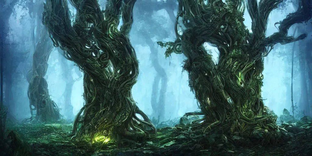 Prompt: monster - trees made from snakes in futuristic spiritual mystical post apocalyptic forest by, dim painterly volumetric aquatic lighting, beautiful, crisp, artstation, highly detailed