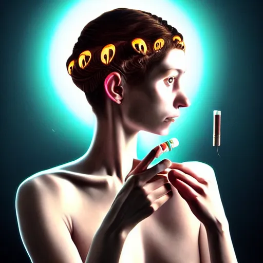 Image similar to Colour Caravaggio style Photography of Beautiful woman with highly detailed 1000 years old face wearing higly detailed sci-fi halo above head designed by Josan Gonzalez. Woman holding cigarette between fingers in her hand, Many details by Kidmograph . In style of Josan Gonzalez and Mike Winkelmann andgreg rutkowski and alphonse muchaand Caspar David Friedrich and Stephen Hickman and James Gurney and Hiromasa Ogura. volumetric natural light