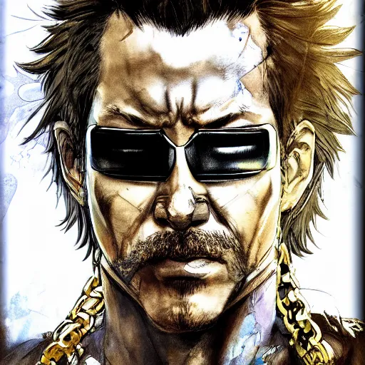 Image similar to portrait of a hero holding his sword in front of his face by yoji shinkawa, high quality, extra details, realism, ornate, colored, golden chain, blood, white skin, short hair, brown eyes, vivid, sunlight, dynamic, american man, freedom