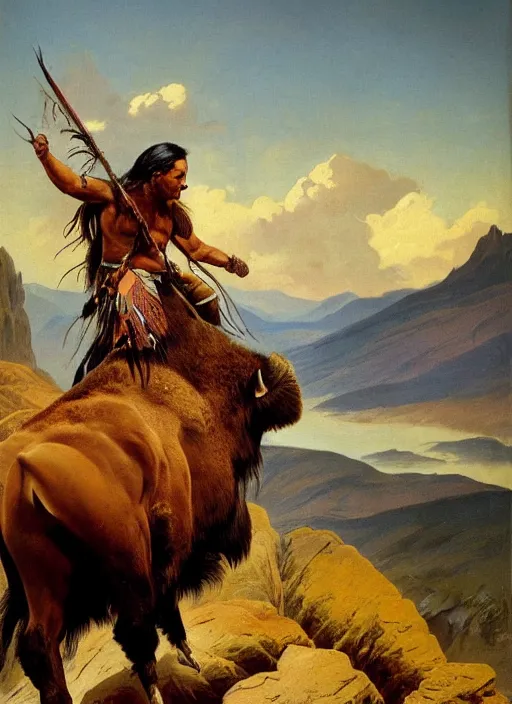 Image similar to beautiful native american riding bison, buffalo, powerful native american warrior, mountain range, beautiful sky, standing on the edge of a cliff, nineteenth century, painted by frazetta