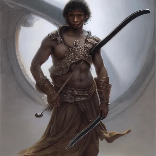 Image similar to artstation concept of a Young man with a bare upper body holding a sword in both hand, brown skin, face, silver garment, shiny colorful, hyperdetailed, artstation trending, world renowned artists, worth1000.com, historic artworks society, antique renewel, cgsociety, by greg rutkowski, by Gustave Dore, Deviantart