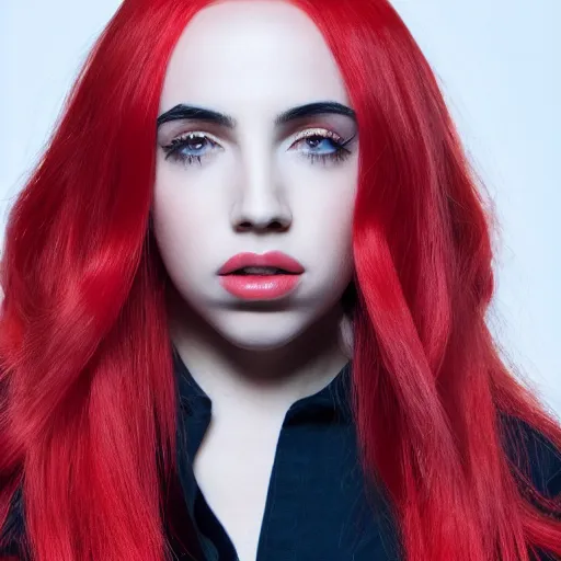 Image similar to ava max bright red hair photographed by charlotte rutherford, highly realistic. high resolution. highly detailed. 8 k. 4 k.