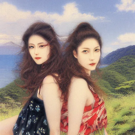 Image similar to a portrait of two beautiful 3 0 year old sisters in a scenic environment by noriyoshi ohrai