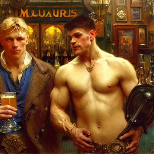 Image similar to attractive muscular arthur pendragon and muscular attractive merlin go to a pub together to have some drinks. highly detailed painting by gaston bussiere, craig mullins, j. c. leyendecker, alphonse mucha 8 k