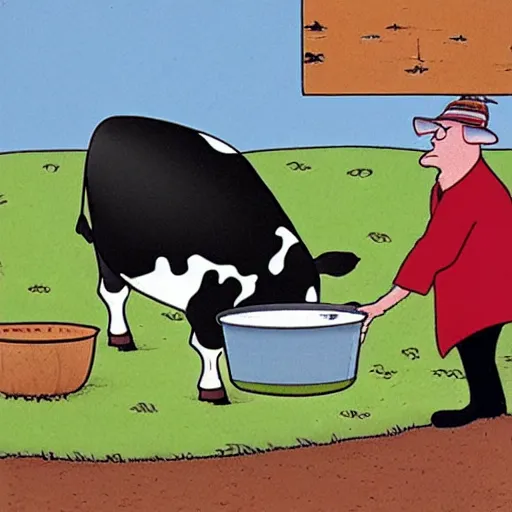 Prompt: a cow points at a bucket, far side, illustrated by gary larson