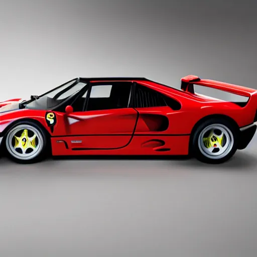 Prompt: wide shot of ferrari f 4 0 under studio lights