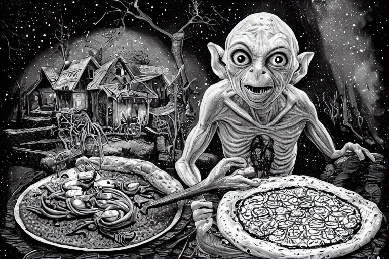 Image similar to a highly detailed gollum making pizza! in the winter, snow filled landscape, pizza oven burning in the background, black sky, post - apocalyptic vibe, full body, wide angle, an ultrafine detailed painting by joe fenton, trending on deviantart, pop surrealism, whimsical, lowbrow, perfect symmetrical face, sharp focus, octane, masterpiece