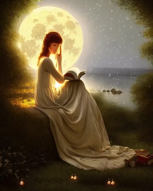 Prompt: girl in white nightgown reading a book by the river, a full moon on the horizon, dark starry sky, dreamy fantasy ambience with golden orbs and fireflies, detailed gothic illustration bright moon light, by edmund blair leighton, brom, charlie bowater, trending on artstation, faces by tom bagshaw, otto schmidt