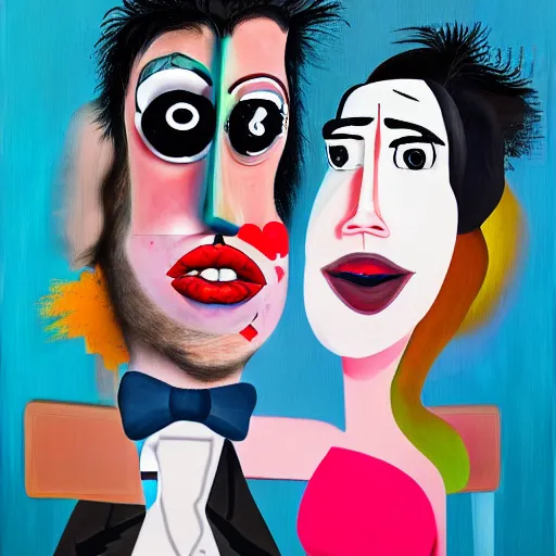 Prompt: young drunk and falling in love in the club, in the style of georgoe condo, by george condo, by george condo fx, cinematic, dramatic, photography painting, portrait, post processing, post - production, tone mapping, cgi, vfx