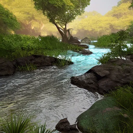 Prompt: a beautiful landscape, river, rocks, trees, volumetric lighting, octane render, nvidia raytracing demo, lush vegetation