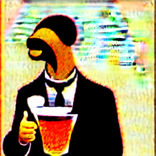 Image similar to a man holding a martini with an otter swimming in it while the otter gives a thumbs up in a 1 9 2 0 s advertisement poster