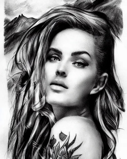 Image similar to tattoo design sketch of a beautiful woman face faded with a faded background of beautiful mountains and nature on her side, hyper - realistic, in the style of den yakovlev, amazing detail, black and white