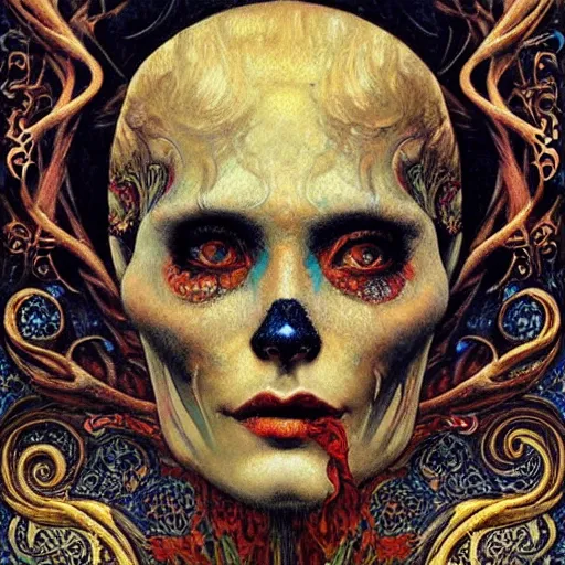 Prompt: Memento Mori by Karol Bak, Jean Deville, Gustav Klimt, and Vincent Van Gogh, beautiful visionary mystical portrait, calavera, otherworldly, fractal structures, ornate gilded medieval icon, third eye, spirals, botanicals by William Morris, calavera