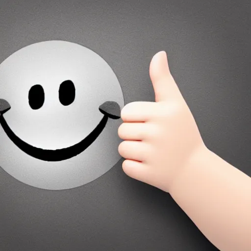 Image similar to child drawing of smiling emoji face with thumb up and red eyes.