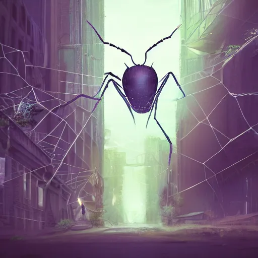 Image similar to a beautiful high - quality photo of a humongous spider walking through a solarpunk city, roads, pavements, trees, cosmic horror, unknowable, volumetric lighting, hyperrealistic, very detailed, 8 k